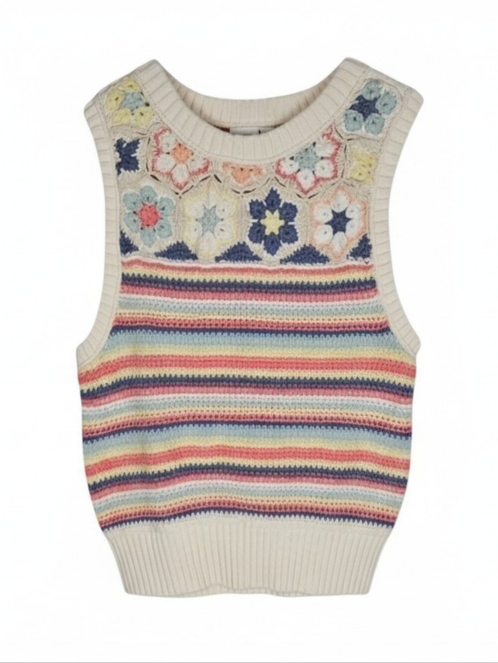 American Eagle Crochet Crew Neck Sweater Vest Multicolor Floral Striped Boho, S